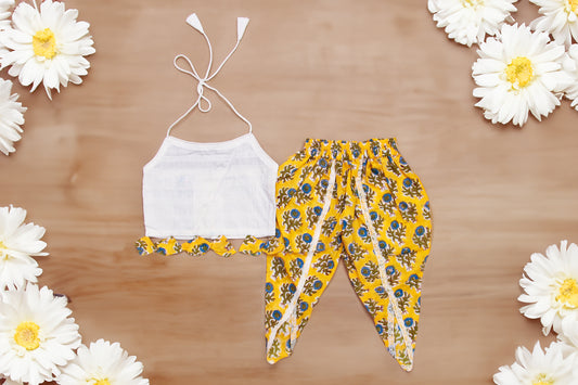 Elegant Yellow and White Floral Dhoti Set