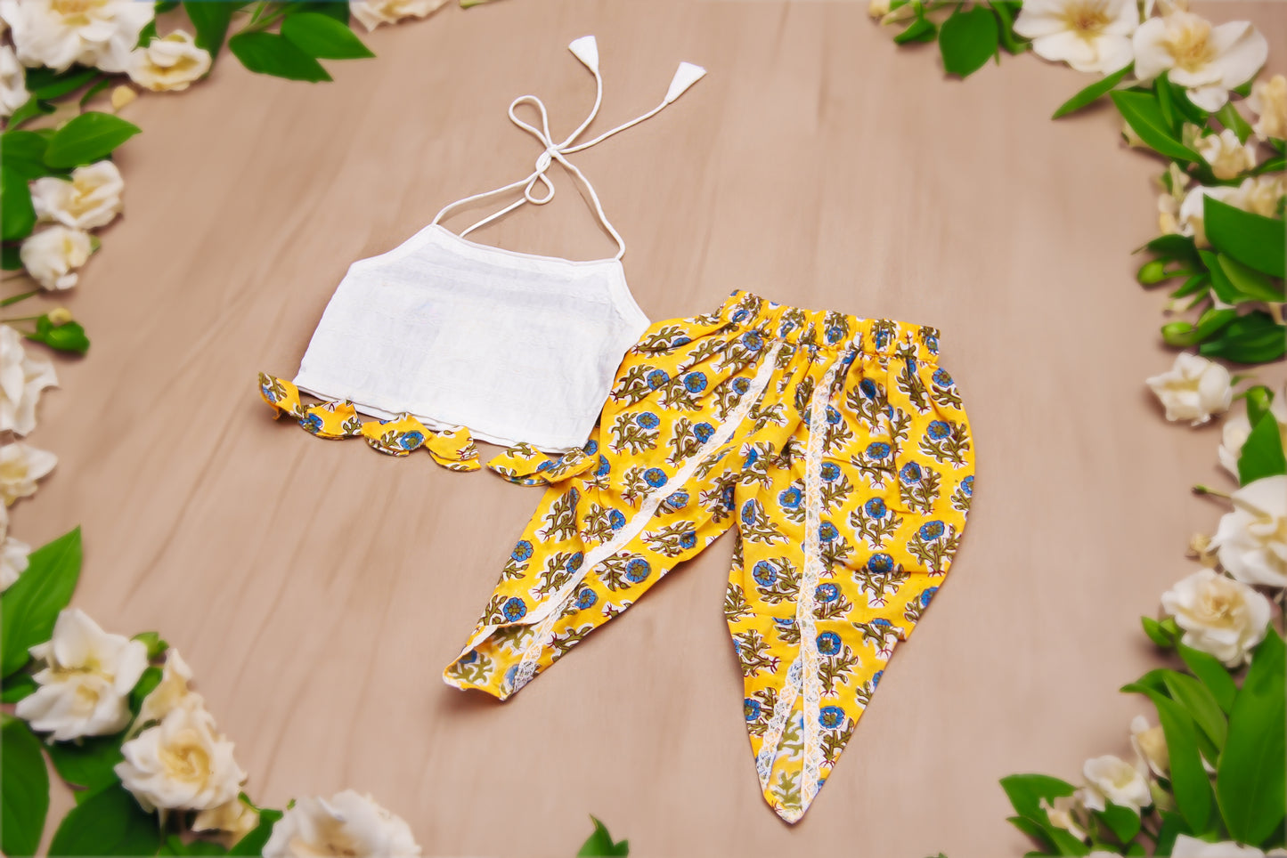 Elegant Yellow and White Floral Dhoti Set