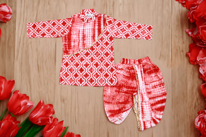 Red & White Geometric Tie-Dye Boys Kurta with Dhoti Set