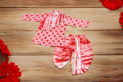 Red & White Geometric Tie-Dye Boys Kurta with Dhoti Set