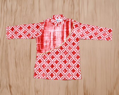 Red & White Geometric Tie-Dye Boys Kurta with Dhoti Set