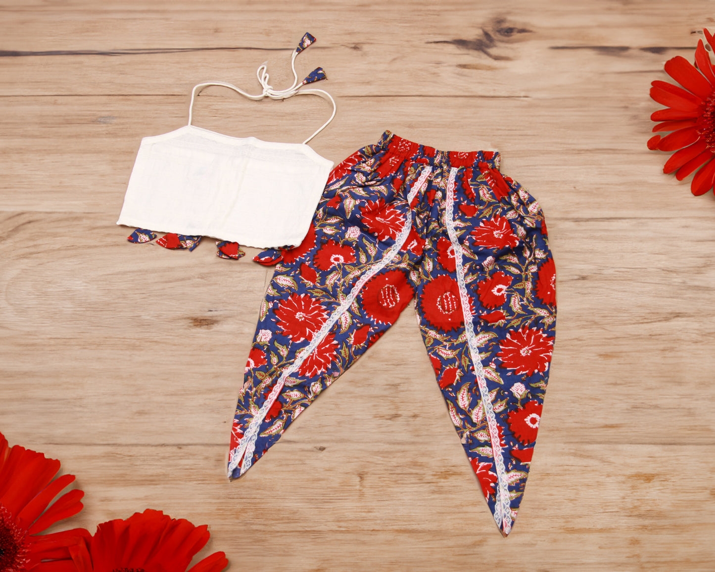 Elegant Red Floral Dhoti with White Halter Top