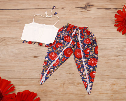 Elegant Red Floral Dhoti with White Halter Top