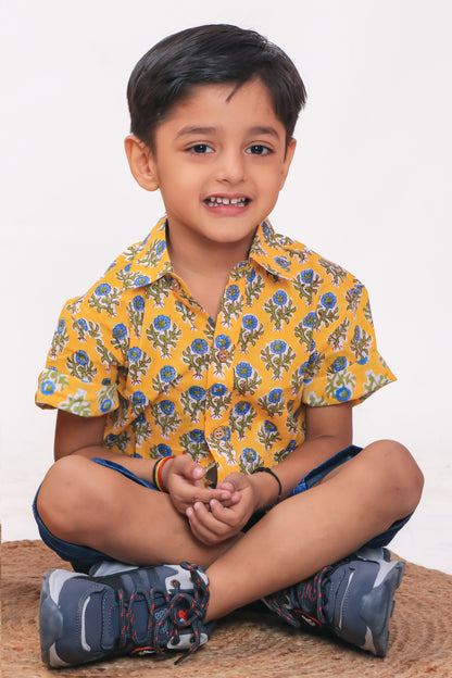 Boys' Yellow Floral Handblock Print Cotton Shirt