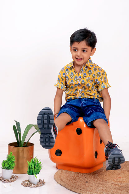 Boys' Yellow Floral Handblock Print Cotton Shirt