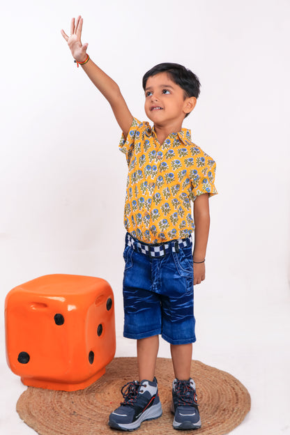 Boys' Yellow Floral Handblock Print Cotton Shirt