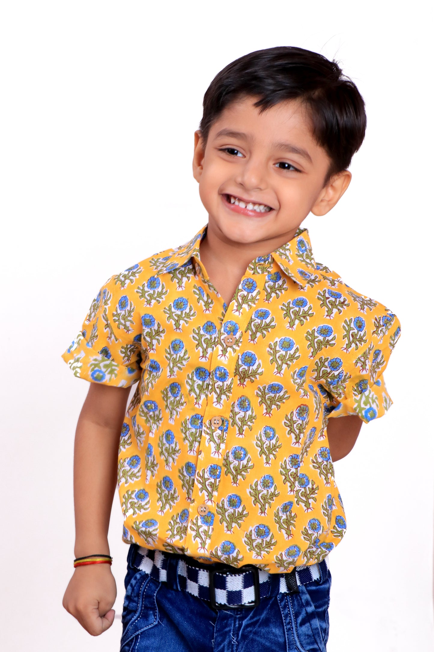 Boys' Yellow Floral Handblock Print Cotton Shirt