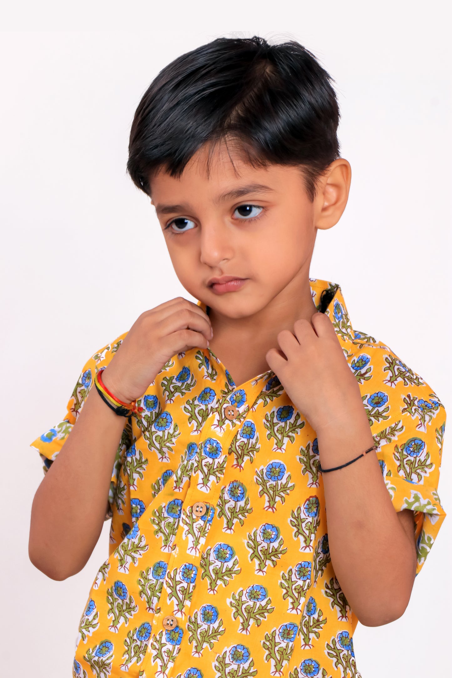 Boys' Yellow Floral Handblock Print Cotton Shirt