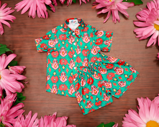 Stylish Green Geometric Floral Shirt Co-ord Set