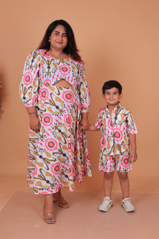 White Pink Ikhat Mother Son Combo