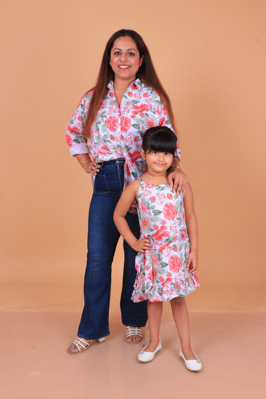 White Floral Shirt Mother Daughter combo