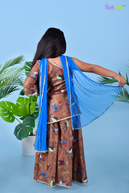 Bird Printed Brown Kurta with Palazzos and Blue Dupatta