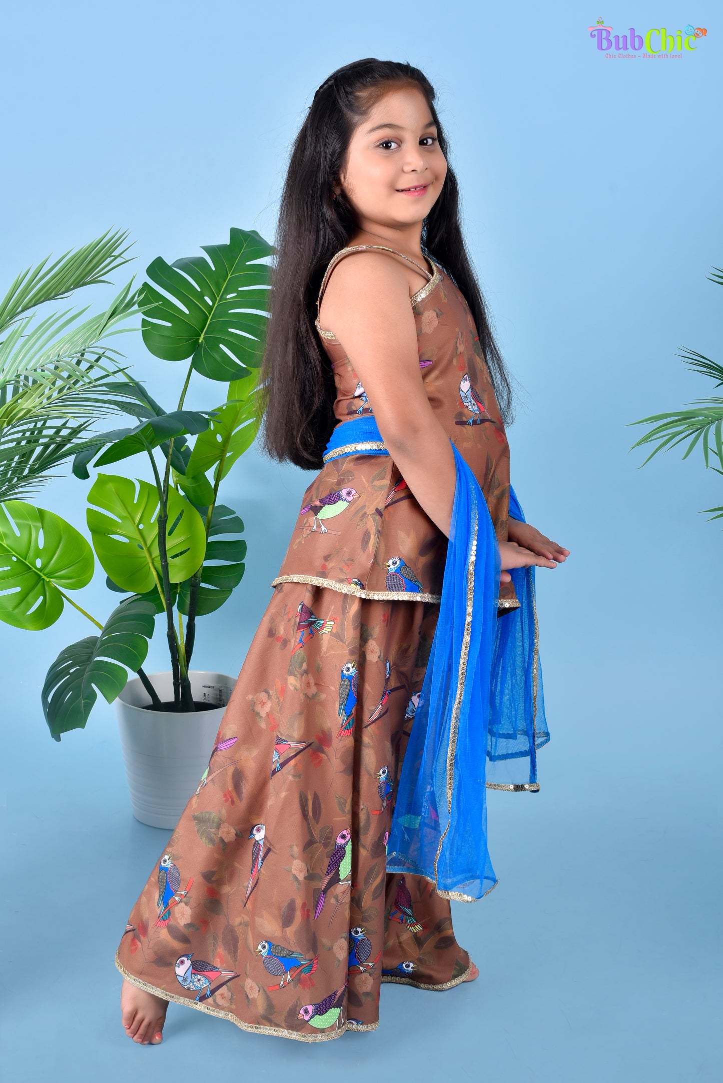 Bird Printed Brown Kurta with Palazzos and Blue Dupatta