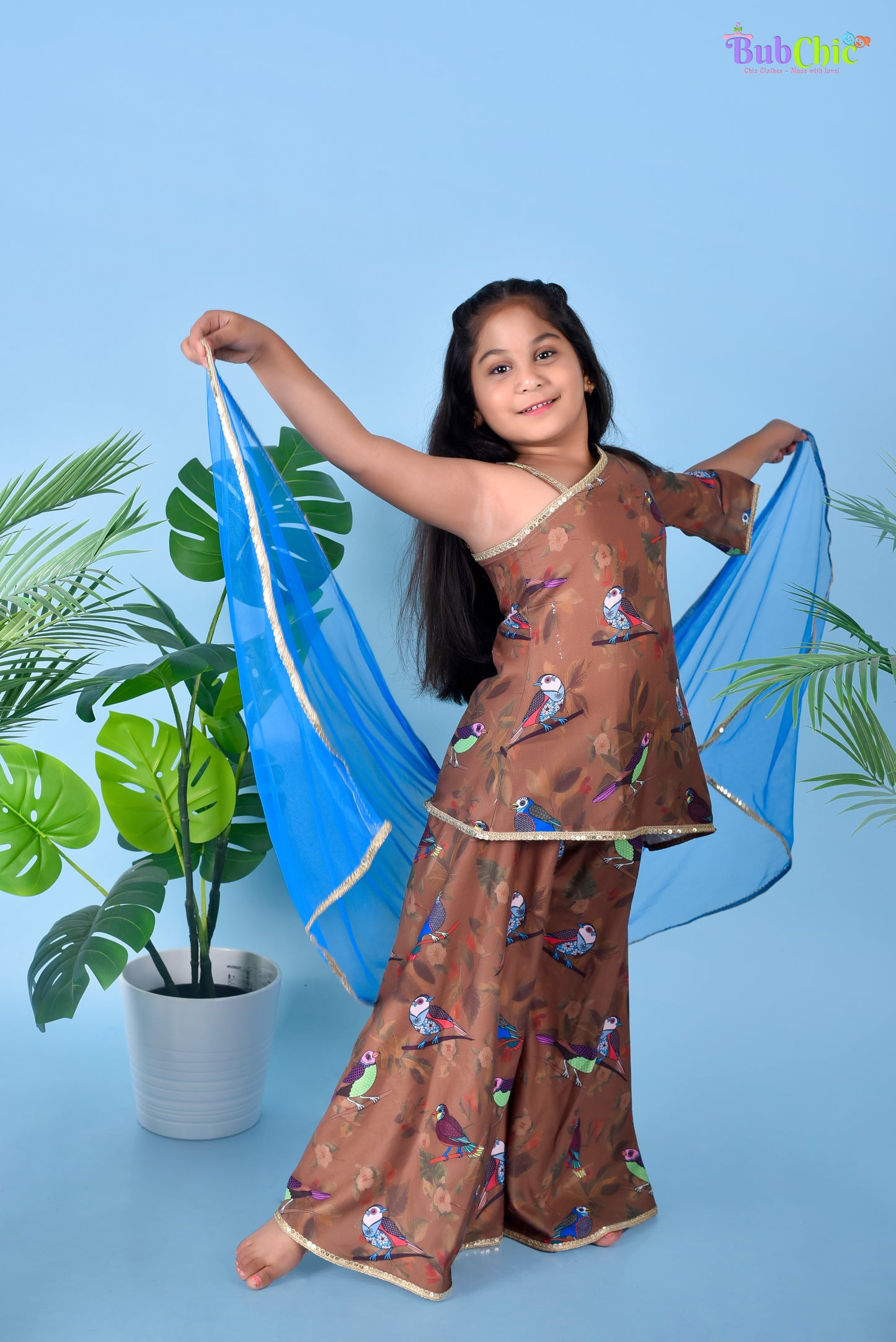 Bird Printed Brown Kurta with Palazzos and Blue Dupatta