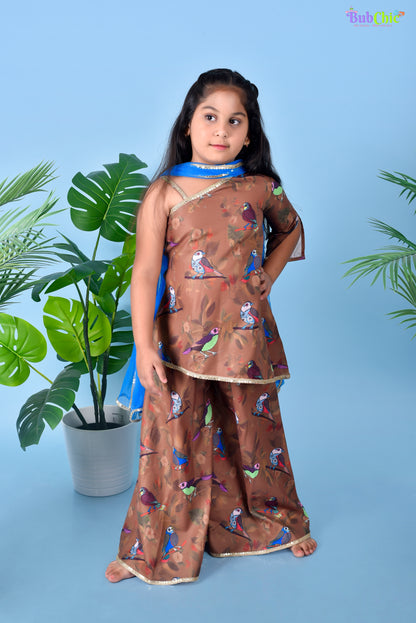 Bird Printed Brown Kurta with Palazzos and Blue Dupatta