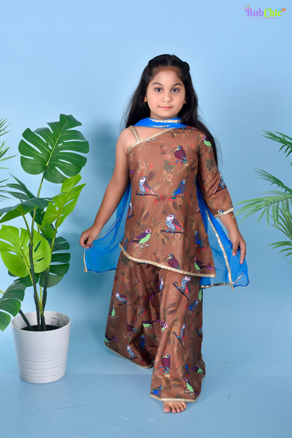 Bird Printed Brown Kurta with Palazzos and Blue Dupatta