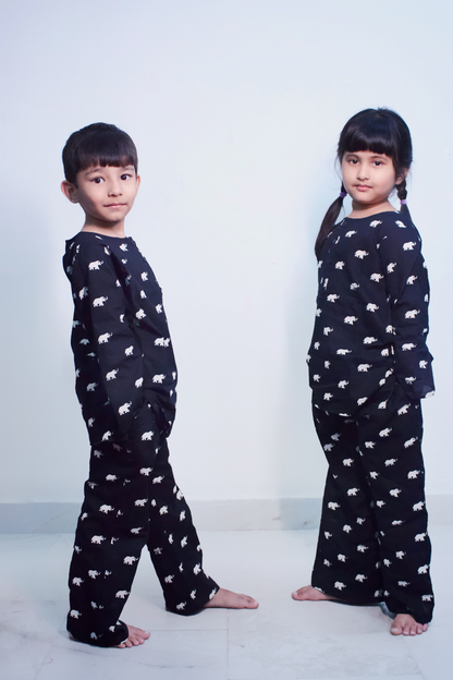 Black Elephant Print Lounge Wear Mother Child Combo